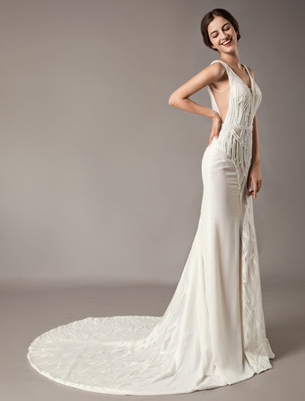 Robe de mariée sirène ivoire en chiffon col V en dentelle à traîne dos nu à zip robe de mariage