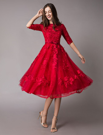 バーガンディーレースカクテルドレスブルゴーニュボウサッシュ半袖茶の長さウエディングドレス