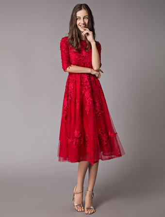 レースカクテルドレスブルゴーニュボウサッシュ半袖茶の長さウエディングドレス