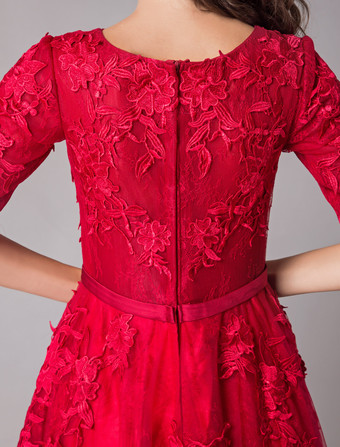 レースカクテルドレスブルゴーニュボウサッシュ半袖茶の長さウエディングドレス