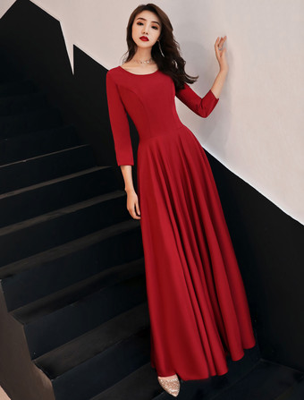 ブルゴーニュイブニングドレスロングスリーブウエディングドレスラインフォーマルドレスポケット付き