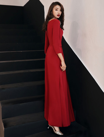 ブルゴーニュイブニングドレスロングスリーブウエディングドレスラインフォーマルドレスポケット付き