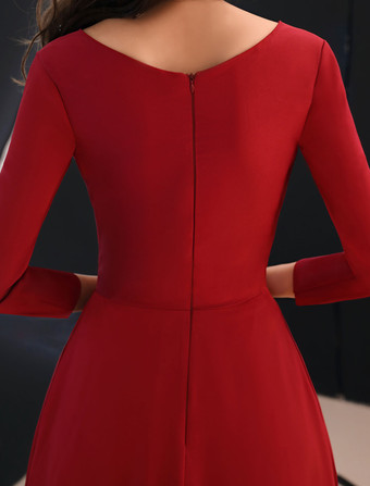 ブルゴーニュイブニングドレスロングスリーブウエディングドレスラインフォーマルドレスポケット付き