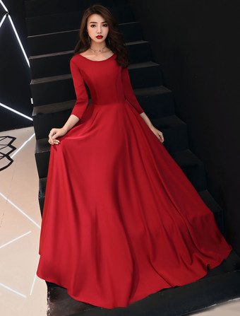 ブルゴーニュイブニングドレスロングスリーブウエディングドレスラインフォーマルドレスポケット付き