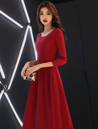 ブルゴーニュイブニングドレスロングスリーブウエディングドレスラインフォーマルドレスポケット付き