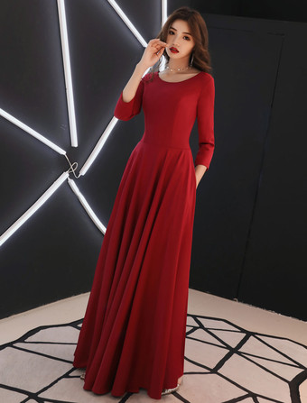 ブルゴーニュイブニングドレスロングスリーブウエディングドレスラインフォーマルドレスポケット付き