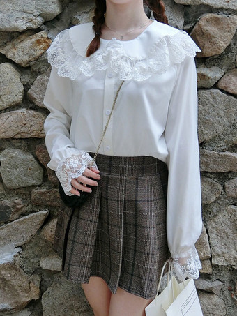 ロリータブラウス 甘い レースシフォン ロリータブラウス 長袖 無地 ホワイト