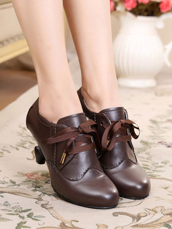 ブラウン クラシックロリータシューズRoudn Toe Lace Up PUホワイトロリータシューズ