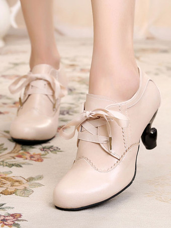 ベージュクラシックロリータシューズRoudn Toe Lace Up PUホワイトロリータシューズ