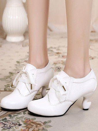 クラシックロリータシューズRoudn Toe Lace Up PUホワイトロリータシューズ