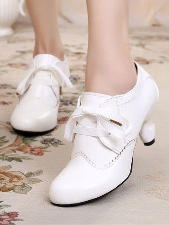 Calçado clássico Lolita Roudn Toe Lace Up PU Branco Lolita Shoes