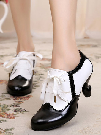 ブラック クラシックロリータシューズRoudn Toe Lace Up PUホワイトロリータシューズ