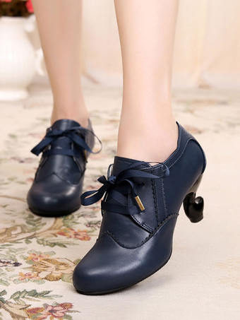 ディープブルークラシックロリータシューズRoudn Toe Lace Up PUホワイトロリータシューズ