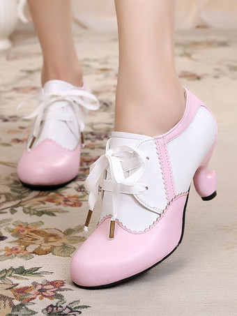 ピンククラシックロリータシューズRoudn Toe Lace Up PUホワイトロリータシューズ