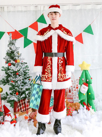 サンタコスプレ レッド クリスマス 男性用 コスチューム サンタクロース ポリエステル コスチューム 大人用 ひげ トップス パンツ サッシュベルト 帽子 レッグウォーマー ケープ バイカラー ホリデーコスチューム
