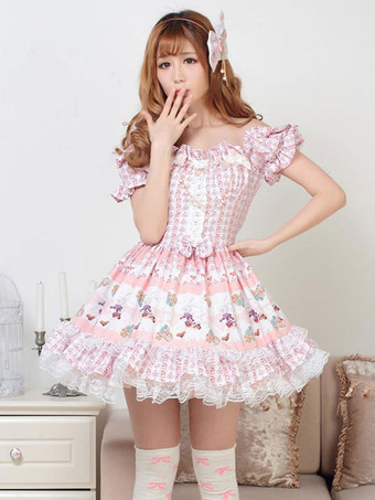 クラシックロリータOPドレス　2025　プリント　ピンク　レース　リボンロリータワンピースドレス