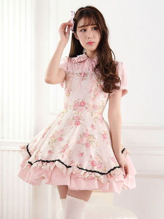 Classic Lolita One Piece Dress Lace Up Ruffles Pink Printed Lolita One Piece Dresses