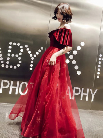 バーガンディープロムドレス 星座ドレス ロングチュール ベルベット パッチワーク フリル グリッター マキシ フォーマルパーティードレス 結婚式のゲストドレス 無料カスタマイズ