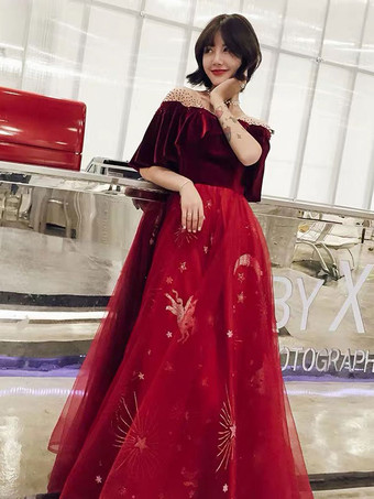 プロムドレス 星座ドレス ロングチュール ベルベット パッチワーク フリル グリッター マキシ フォーマルパーティードレス 結婚式のゲストドレス 無料カスタマイズ