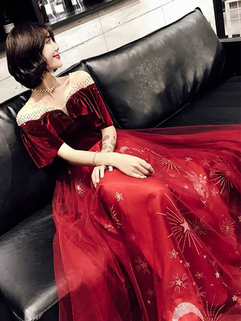 プロムドレス 星座ドレス ロングチュール ベルベット パッチワーク フリル グリッター マキシ フォーマルパーティードレス 結婚式のゲストドレス 無料カスタマイズ