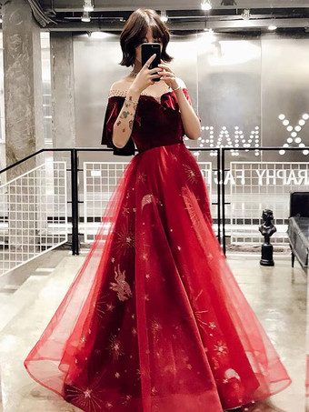 プロムドレス 星座ドレス ロングチュール ベルベット パッチワーク フリル グリッター マキシ フォーマルパーティードレス 結婚式のゲストドレス 無料カスタマイズ