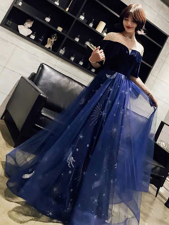 プロムドレス 星座ドレス ロングチュール ベルベット パッチワーク フリル グリッター マキシ フォーマルパーティードレス 結婚式のゲストドレス 無料カスタマイズ