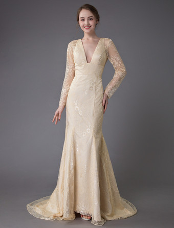 カラードレス マーメイド ドレス バニラクリーム 前撮り 演奏会ドレス Vネック 長袖 マーメイドライン バックレス 結婚写真　フォトウェディング パーティードレス