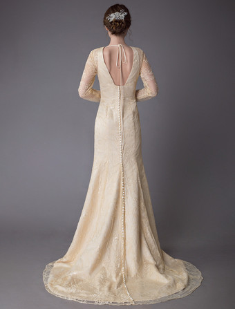 カラードレス マーメイド ドレス バニラクリーム 前撮り 演奏会ドレス Vネック 長袖 マーメイドライン バックレス 結婚写真　フォトウェディング パーティードレス