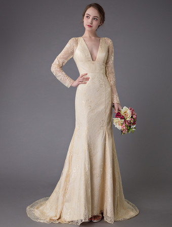 カラードレス マーメイド ドレス バニラクリーム 前撮り 演奏会ドレス Vネック 長袖 マーメイドライン バックレス 結婚写真　フォトウェディング パーティードレス