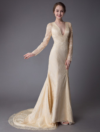 カラードレス マーメイド ドレス バニラクリーム 前撮り 演奏会ドレス Vネック 長袖 マーメイドライン バックレス 結婚写真　フォトウェディング パーティードレス