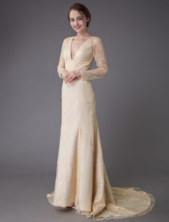 カラードレス マーメイド ドレス バニラクリーム 前撮り 演奏会ドレス Vネック 長袖 マーメイドライン バックレス 結婚写真　フォトウェディング パーティードレス