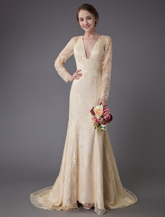 カラードレス マーメイド ドレス バニラクリーム 前撮り 演奏会ドレス Vネック 長袖 マーメイドライン バックレス 結婚写真　フォトウェディング パーティードレス