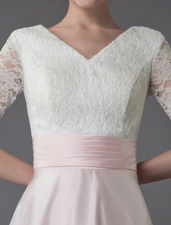 カラードレス Aラインウェディングドレス ソフトピンク Vネック 五分袖 演奏会ドレス Aライン 前撮り ファスナー 結婚写真　フォトウェディング パーティードレス