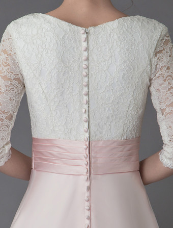 カラードレス Aラインウェディングドレス ソフトピンク Vネック 五分袖 演奏会ドレス Aライン 前撮り ファスナー 結婚写真　フォトウェディング パーティードレス