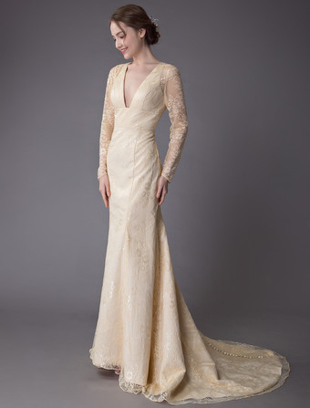 カラードレス マーメイド ドレス バニラクリーム 前撮り 演奏会ドレス Vネック 長袖 マーメイドライン バックレス 結婚写真　フォトウェディング パーティードレス