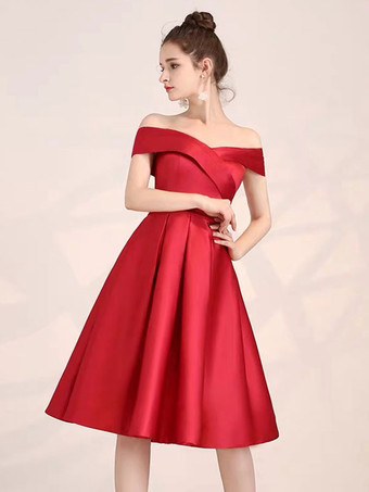赤いウエディングドレス2025サテンオフショルダー膝丈フォーマルパーティーカクテルドレス