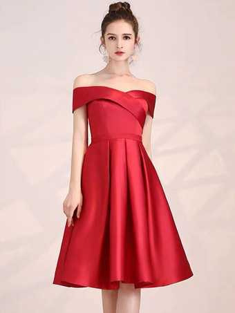 赤いウエディングドレス2025サテンオフショルダー膝丈フォーマルパーティーカクテルドレス