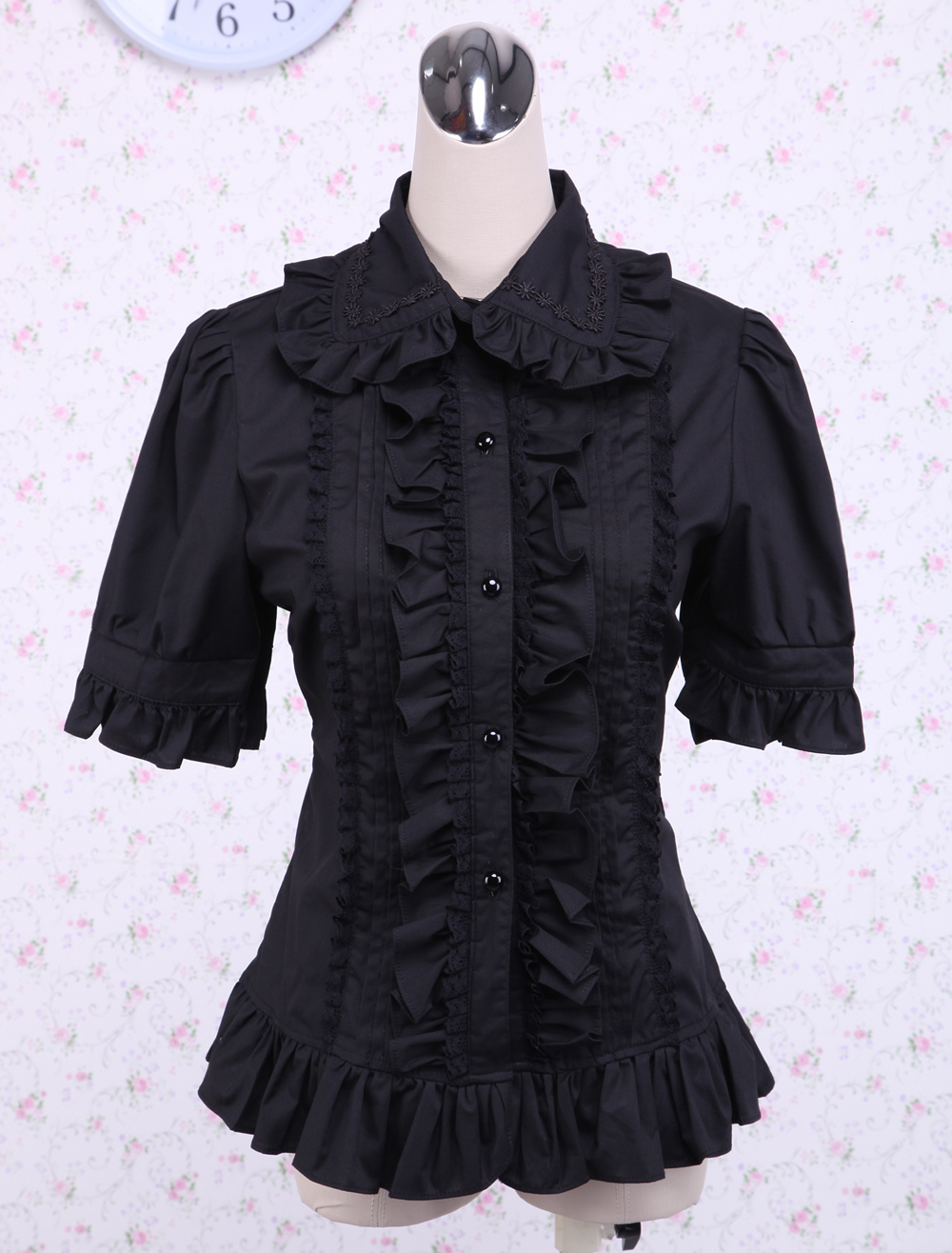 black short sleeve ruffle top