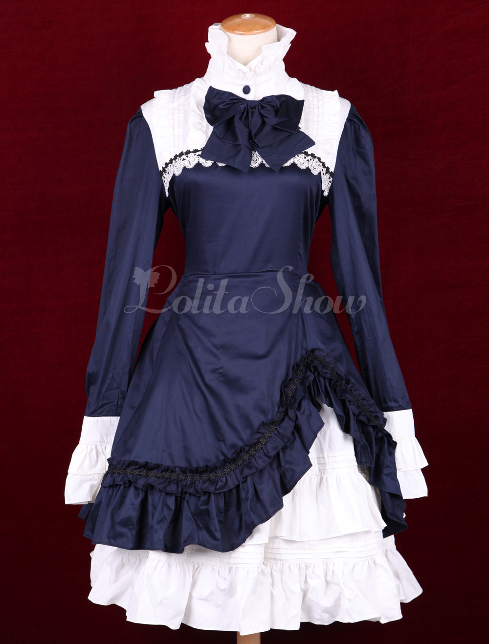 Lolitashow Navy Blue Lolita One Piece Dress Long Sleeves White Stand Collar Ruffles Lolitashow Com