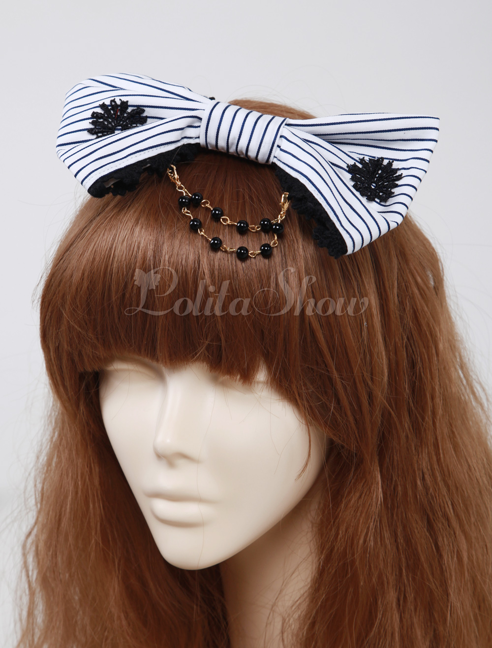 Lolitashow White Stripe Beading Cotton Lolita Hair Tie