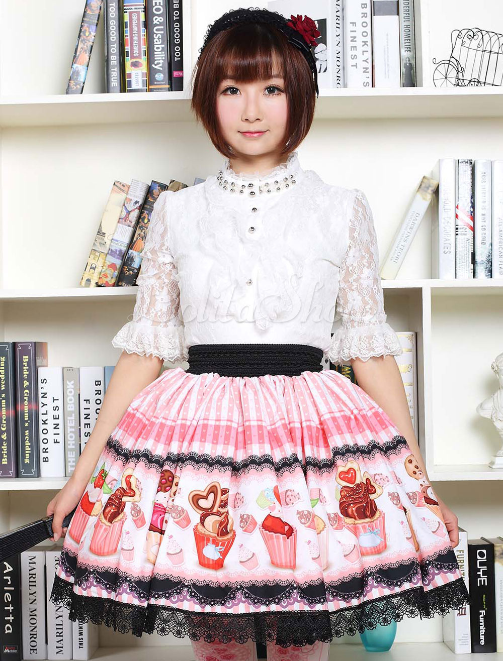 Lolitashow Lolita Kleid Rosa Sussen Cupcake Gedruckt Lolita Rock Mit Schwarzer Spitze Trim Lolitashow Com