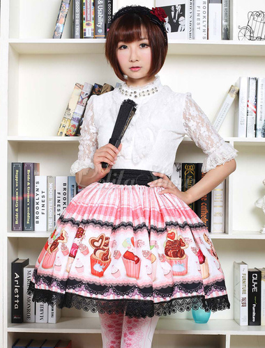 Lolitashow Lolita Kleid Rosa Sussen Cupcake Gedruckt Lolita Rock Mit Schwarzer Spitze Trim Lolitashow Com