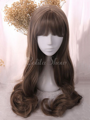 Classic Lolita Wigs Chestnut Brown Long Straight Blunt Bangs Curls