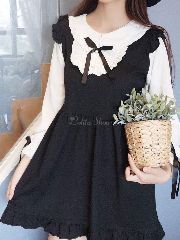 Sweet Lolita Op One Piece Dress Long Sleeve Turndown Collar Ruffles Two Tone Black Lolita Dress Lolitashow Com