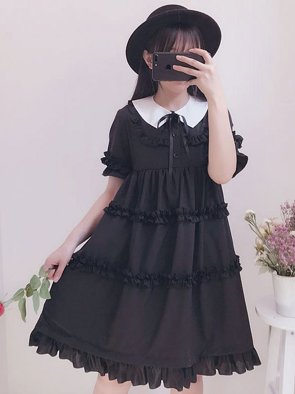 Classic Lolita Op One Piece Dress Round Neck Short Sleeve Ruffles Black Lolita Dress Lolitashow Com