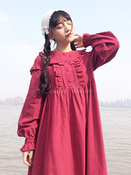 Classic Lolita Op One Piece Dress Long Sleeve Round Neck Ruffles Embroidered Red Lolita Dress Lolitashow Com