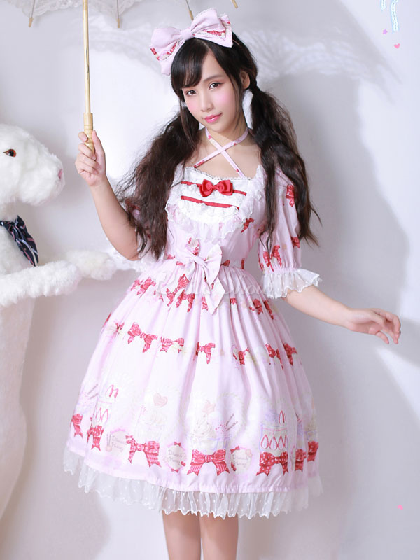 ロリィタファッション 袖ありのワンピース プリント柄 シフォン スウィート 半袖 スクエアネック お茶会 Lolitashow Com Jp