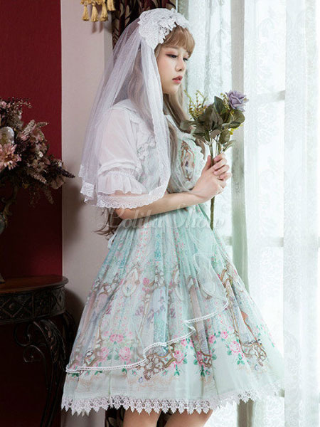 Doux Lolita Dress Jsk Dentelle Trim Bow Imprimer Plisse En Mousseline De Soie Lolita Jumper Jupe Lolitashow Com