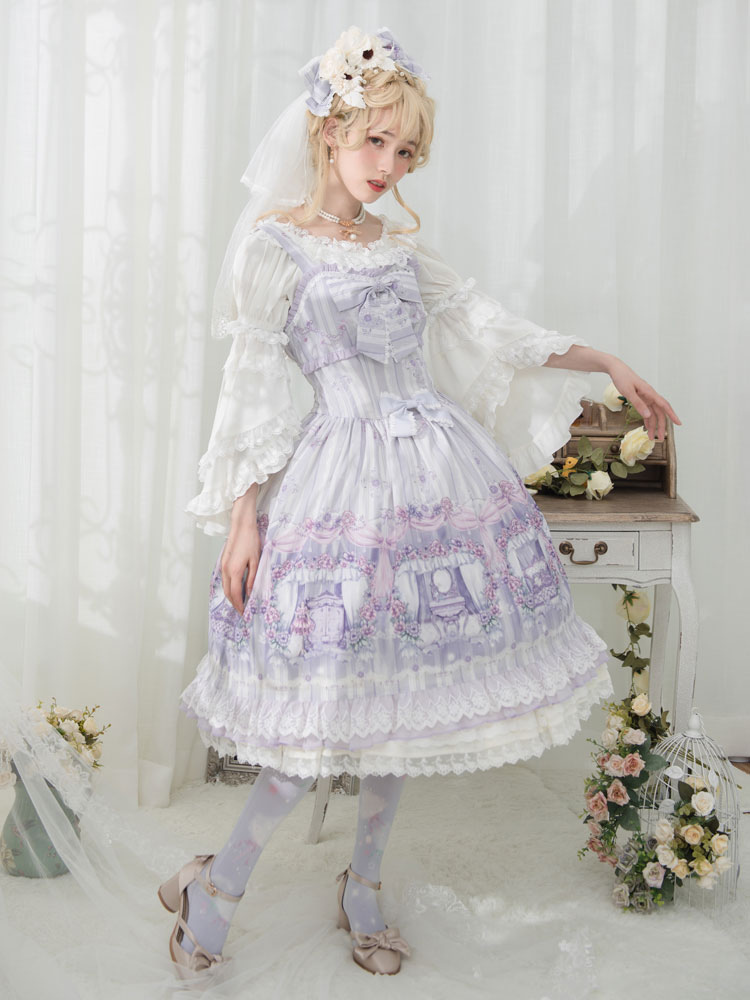 Doux Lolita Jsk Robe Infanta Maiden Room Dentelle Imprimer Trim Bow Plisse En Mousseline De Soie Lolita Jumper Jupe Lolitashow Com