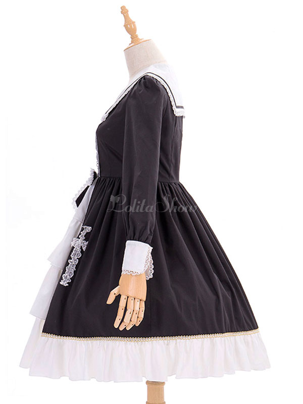 ゴスロリワンピース 十字架 クラシック ブラック ロリータワンピース レース リボンリフル シフォン Opドレス ゴシックワンピース Lolitashow Com Jp